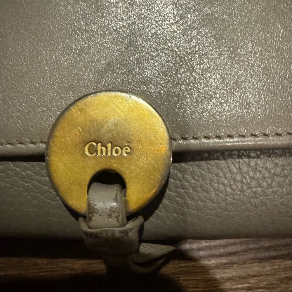 Chloe Gray Leather Wallet with Gold-Toned Detail and Snap Closure